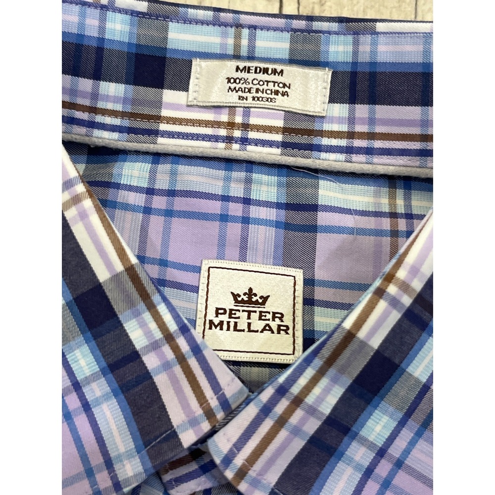 Peter Millar Mens Medium Purple Blue Plaid‎ Cotton Button Down Shirt Long Sleeve